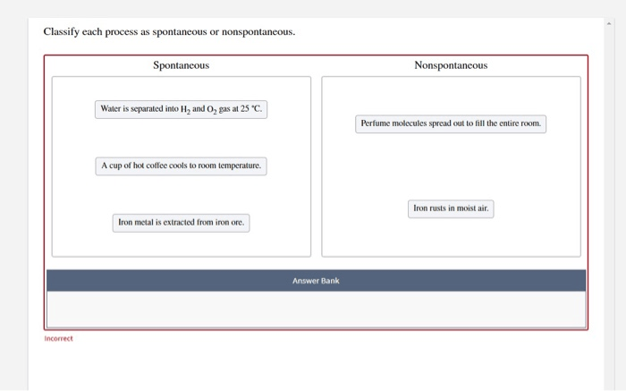 Classify each process as spontaneous or nonspontaneous